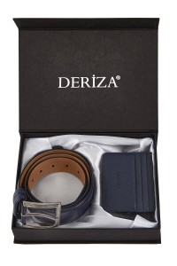 Genuine Leather Card Holder Belt Set Navy Blue