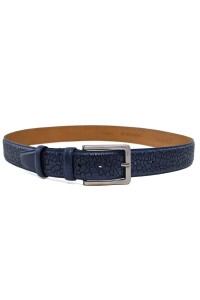 Patterned Genuine Classic Leather Belt Navy Blue