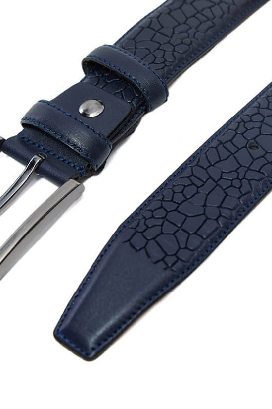 Patterned Genuine Classic Leather Belt Navy Blue