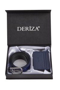 Genuine Leather Card Holder Patent Leather Belt Set Navy Blue