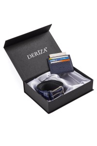 Genuine Leather Card Holder Patent Leather Belt Set Navy Blue