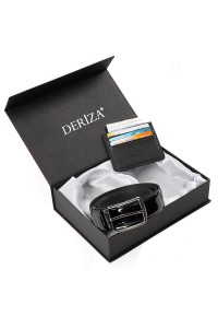 Genuine Leather Card Holder Patent Leather Belt Set Black